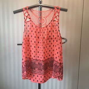 Mine pink tangerine lace mesh sheer detail back tank Size L